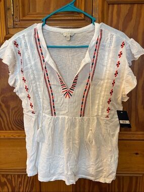 Lucky Brand White Peasant Top with Red and Navy Embroidery